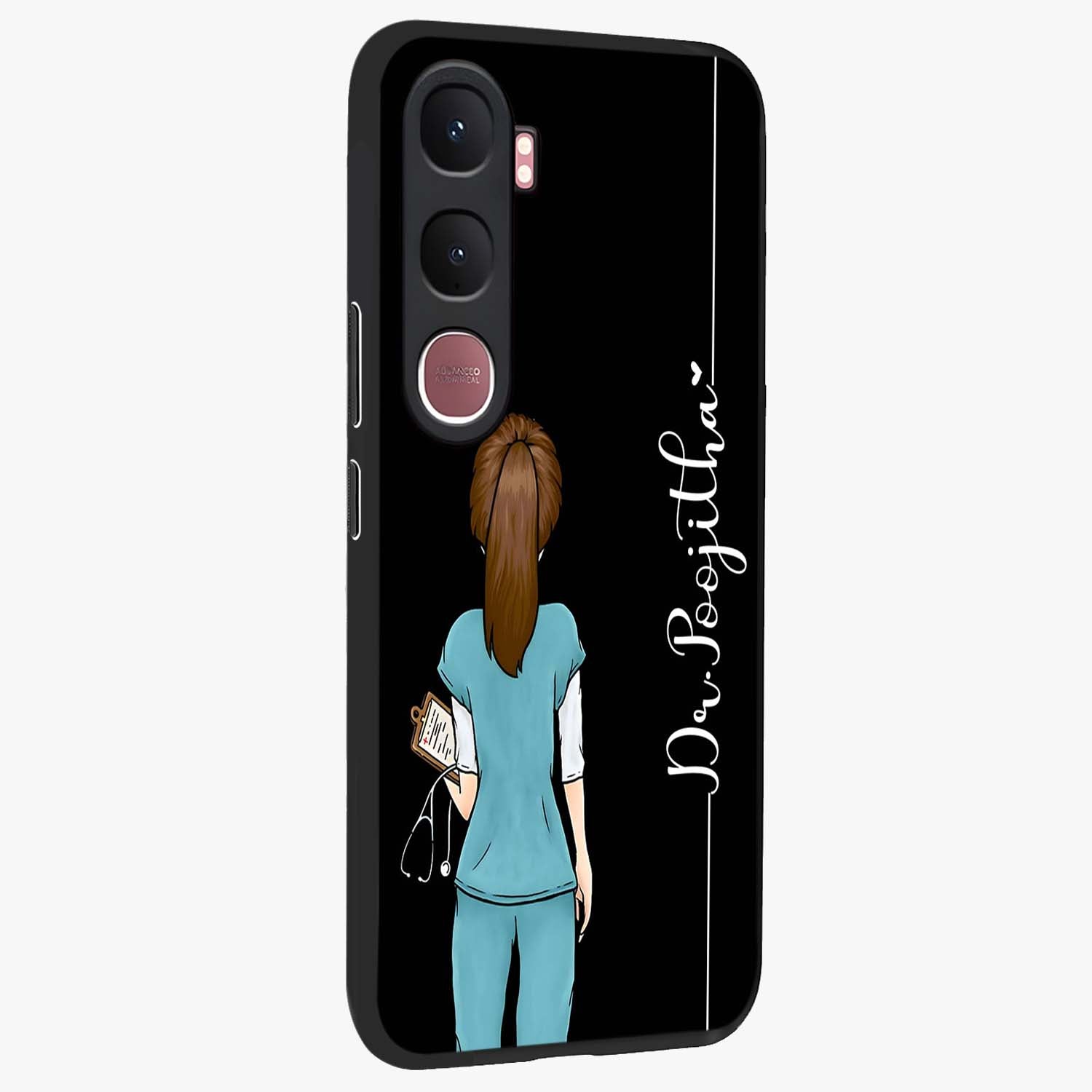 Doctor Pattern Custom Name Glass Case upright view showcasing healthcare themed design with personalized aesthetic.