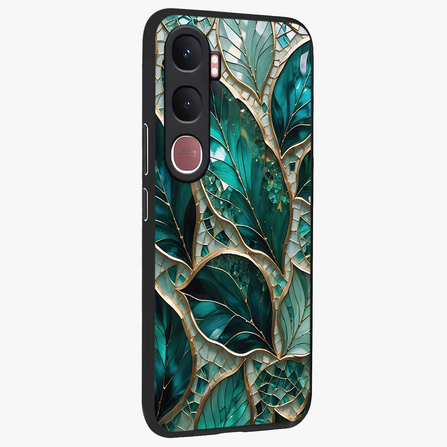 Emerald Leaf Glass Glass Case upright view showcasing fresh green leaf artwork with calming nature inspired style.