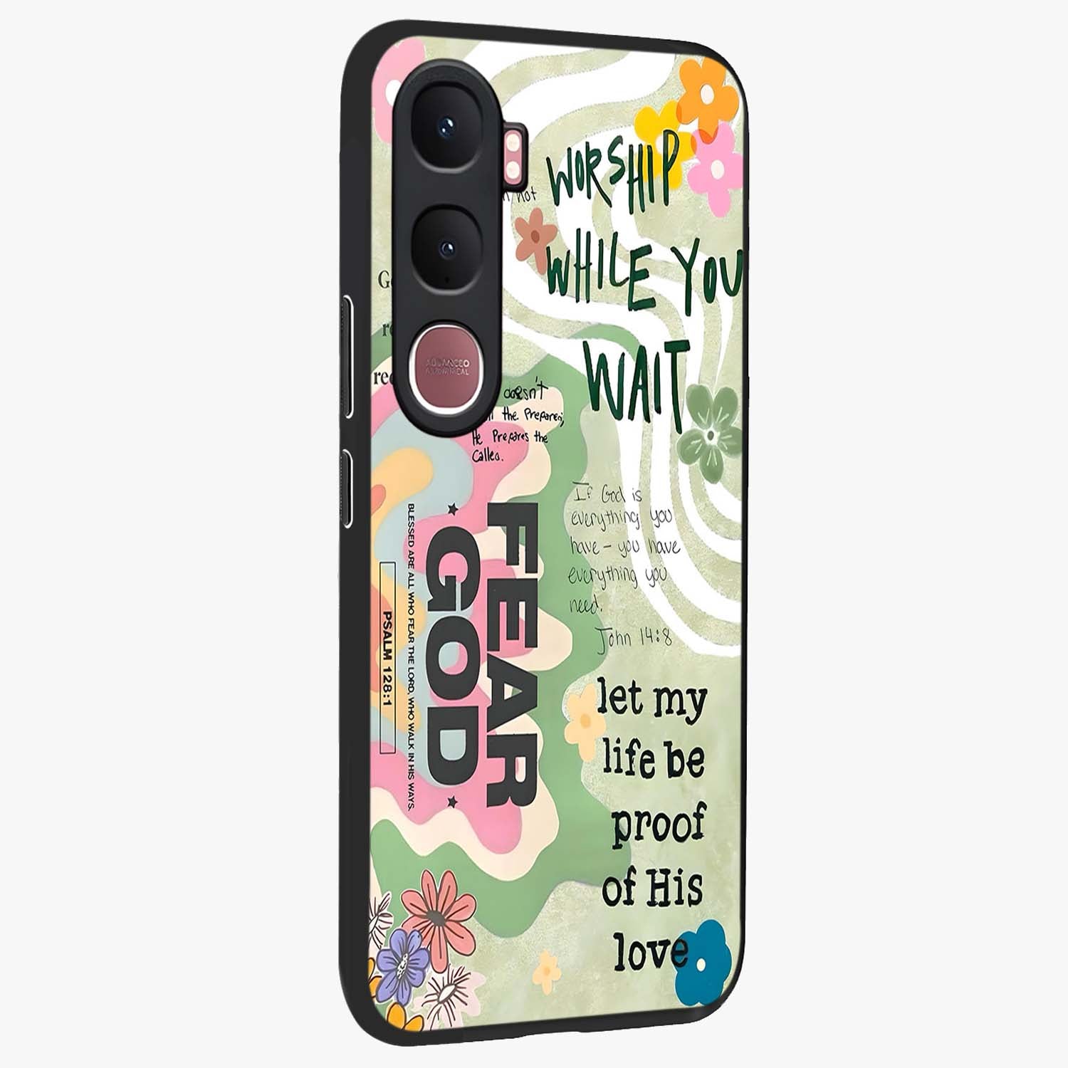 Faith Over Fear Glass Case upright view showcasing bold typography artwork with uplifting motivational theme.