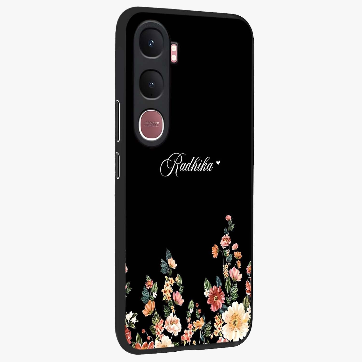 Floral Design With a Custom Personalized Name Glass Case upright view showcasing delicate floral artwork with personalized aesthetic style.