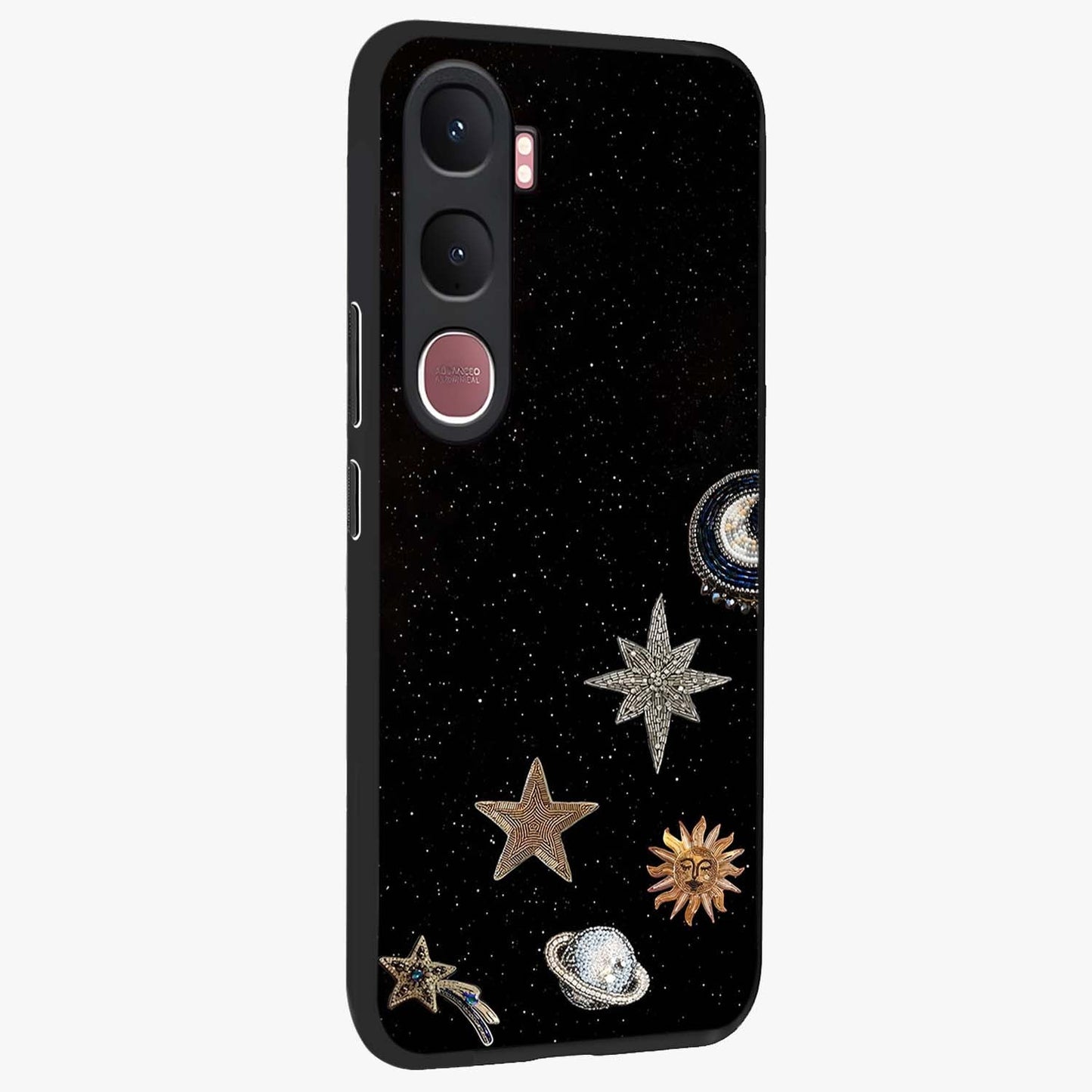 Galactic Charm Glow Glass Case upright view showcasing glowing cosmic charm artwork with magical celestial style.