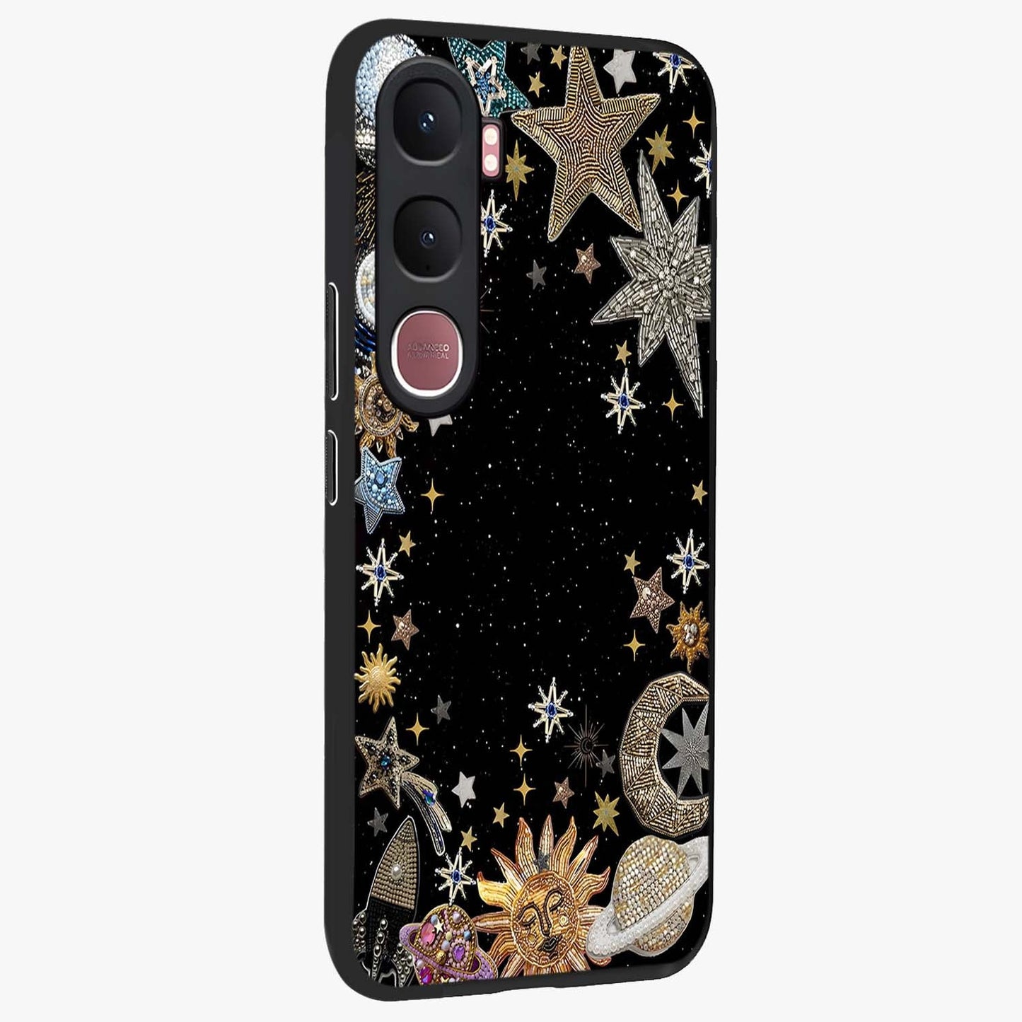 Galactic Jewel Stars Glass Case upright view showcasing glittering star jewel artwork with vibrant galaxy theme.
