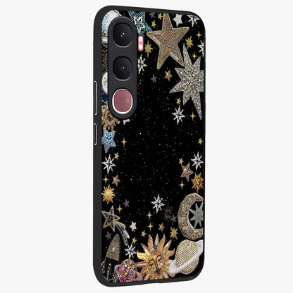 Galactic Jewel Stars Glass Case upright view showcasing glittering star jewel artwork with vibrant galaxy theme.