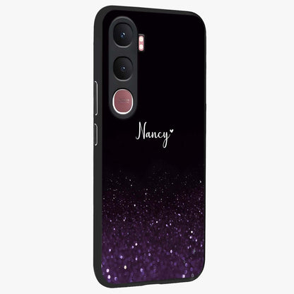 Glittery Purple Bokeh Custom Name Glass Case upright view showcasing vibrant purple sparkle artwork with personalized aesthetic style.