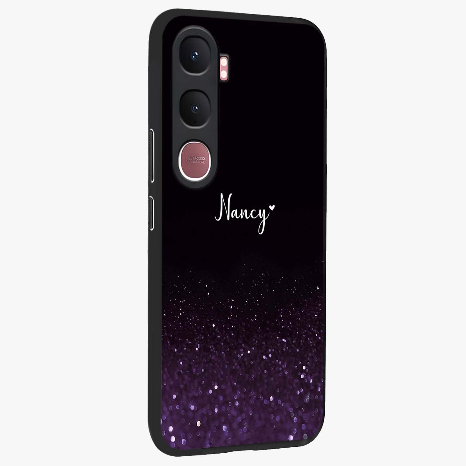Glittery Purple Bokeh Custom Name Glass Case upright view showcasing vibrant purple sparkle artwork with personalized aesthetic style.