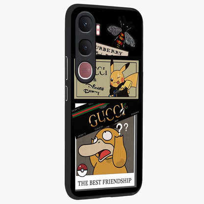 Gucci Play Mashup Glass Case upright view showcasing trendy luxury inspired artwork with modern fashion theme.
