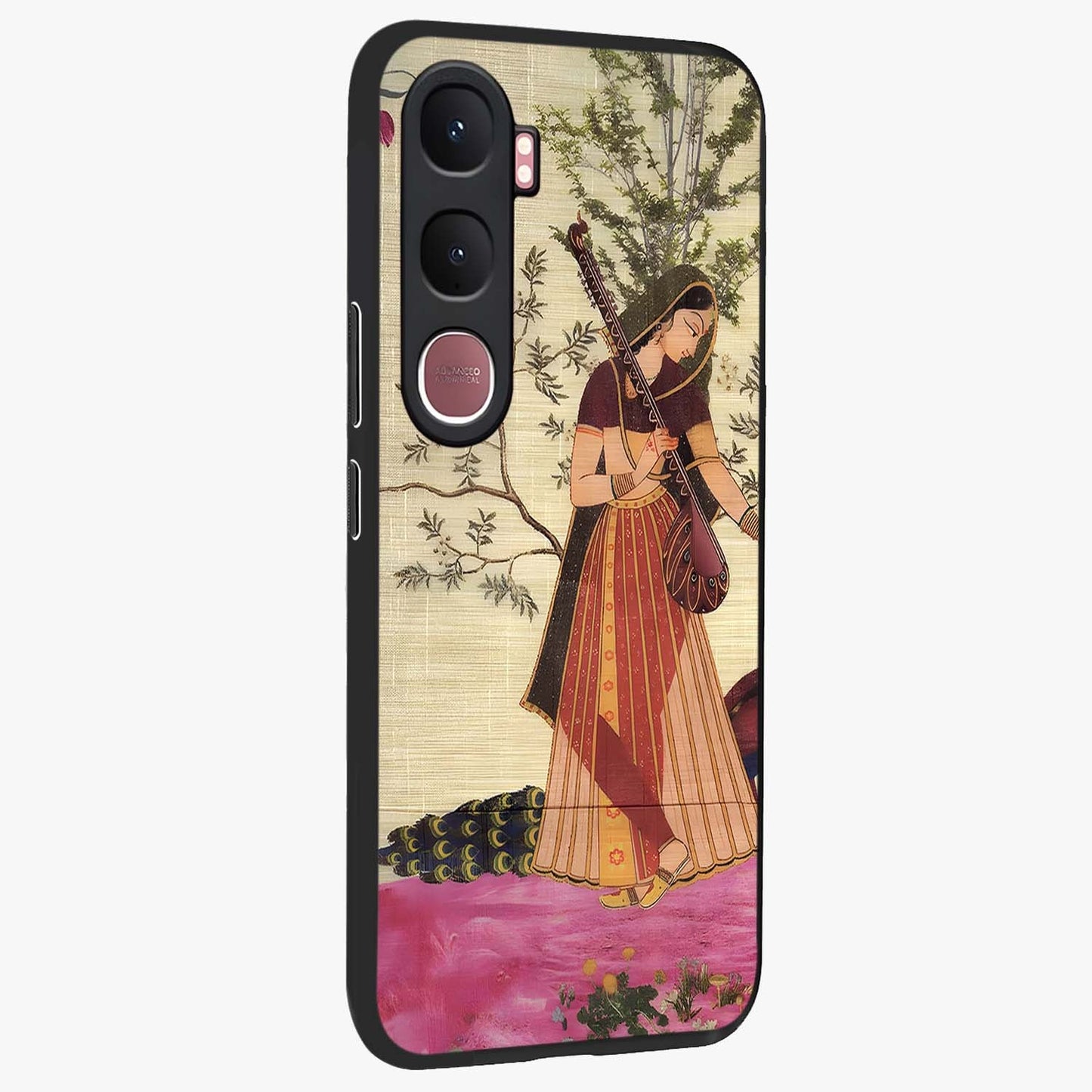 Lady With Veena Art Glass Case upright view showcasing classical veena artwork with traditional artistic theme.