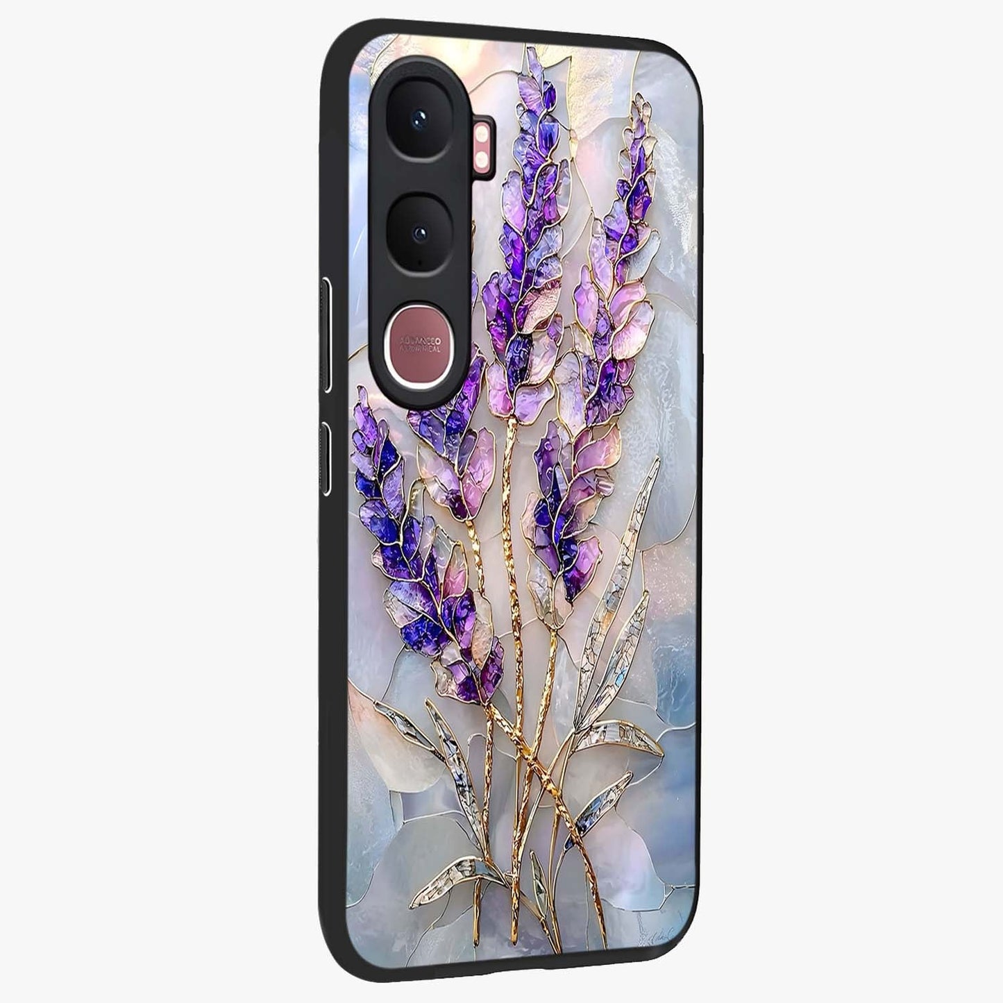 Lavender Dream Glow Glass Case upright view showcasing radiant lavender glow artwork with calming dreamy theme.