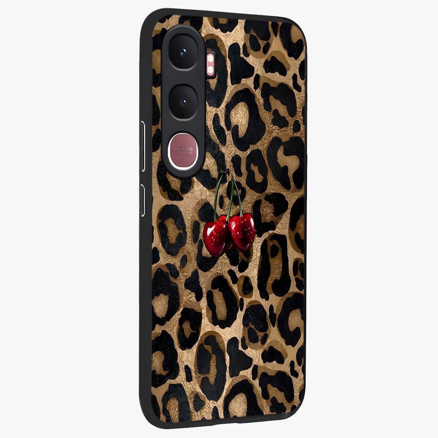 Leopard Wild Cherry Glass Case upright view showcasing stylish leopard pattern artwork with trendy fashion theme.