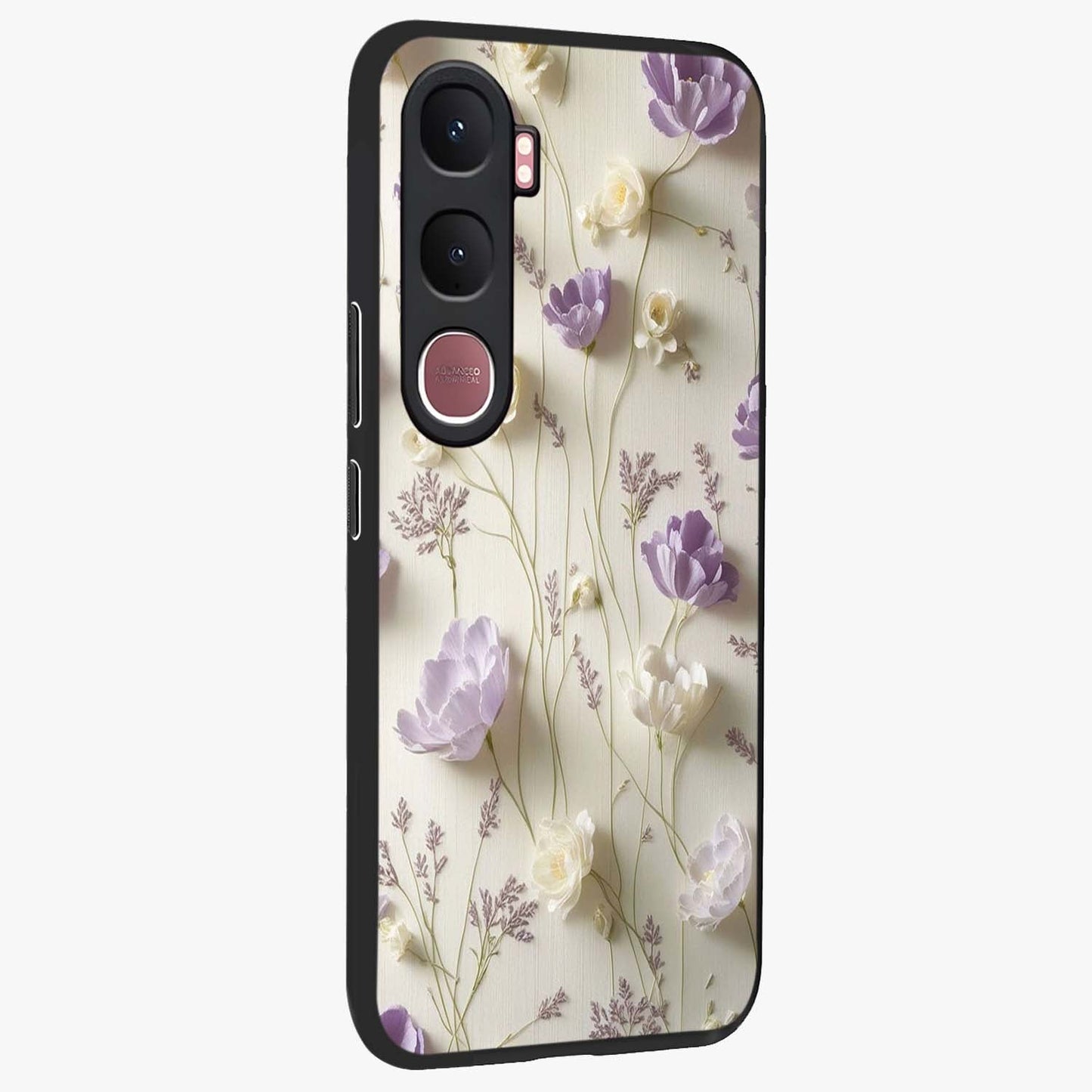 Lilac Breeze Harmony Glass Case upright view showcasing delicate lilac artwork with peaceful floral theme.