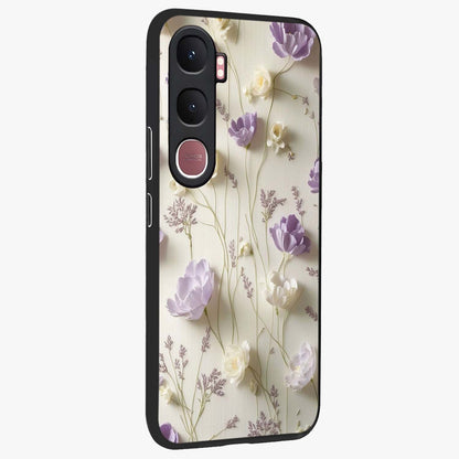 Lilac Breeze Harmony Glass Case upright view showcasing delicate lilac artwork with peaceful floral theme.