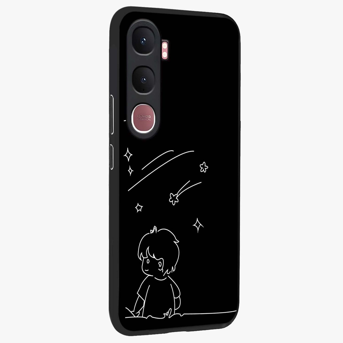 Line Art Boy With Shooting Stars Glass Case upright view showcasing artistic shooting star illustration with minimal style.