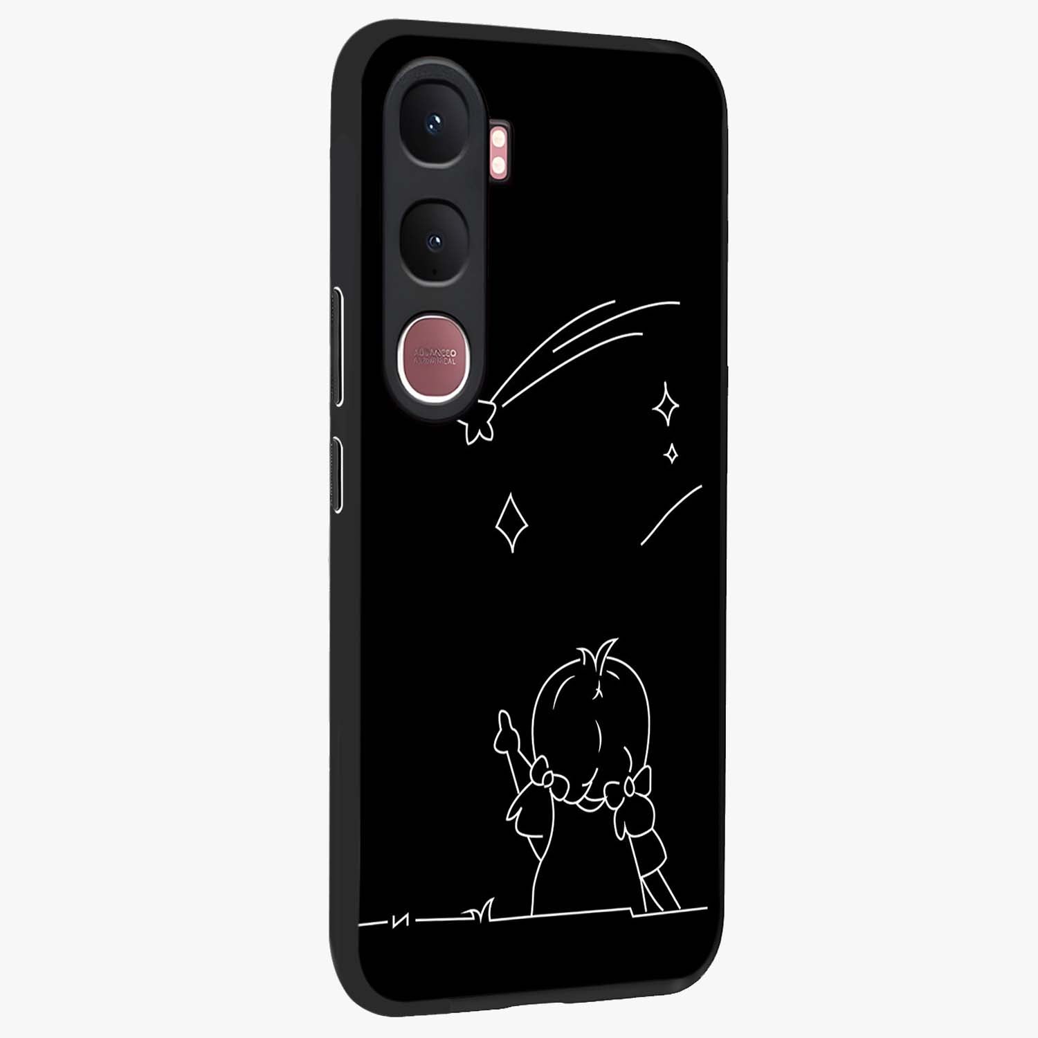Line Art Girl With Shooting Stars Glass Case upright view showcasing delicate shooting stars artwork with minimal artistic theme.