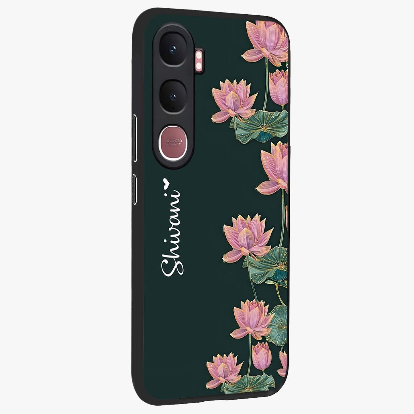 Lotus Bloom Serenity Custom Name Glass Case upright view showcasing serene lotus bloom artwork with personalized floral aesthetic.
