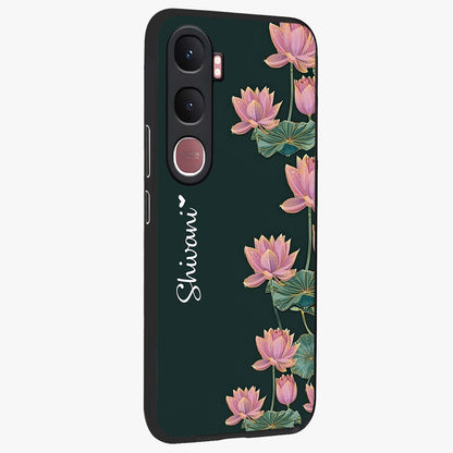 Lotus Bloom Serenity Custom Name Glass Case upright view showcasing serene lotus bloom artwork with personalized floral aesthetic.