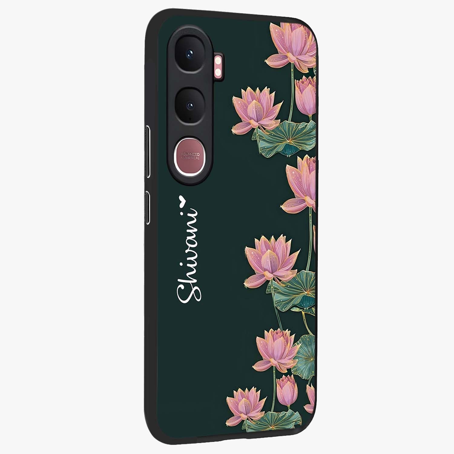 Lotus Bloom Serenity Custom Name Glass Case upright view showcasing serene lotus bloom artwork with personalized floral aesthetic.