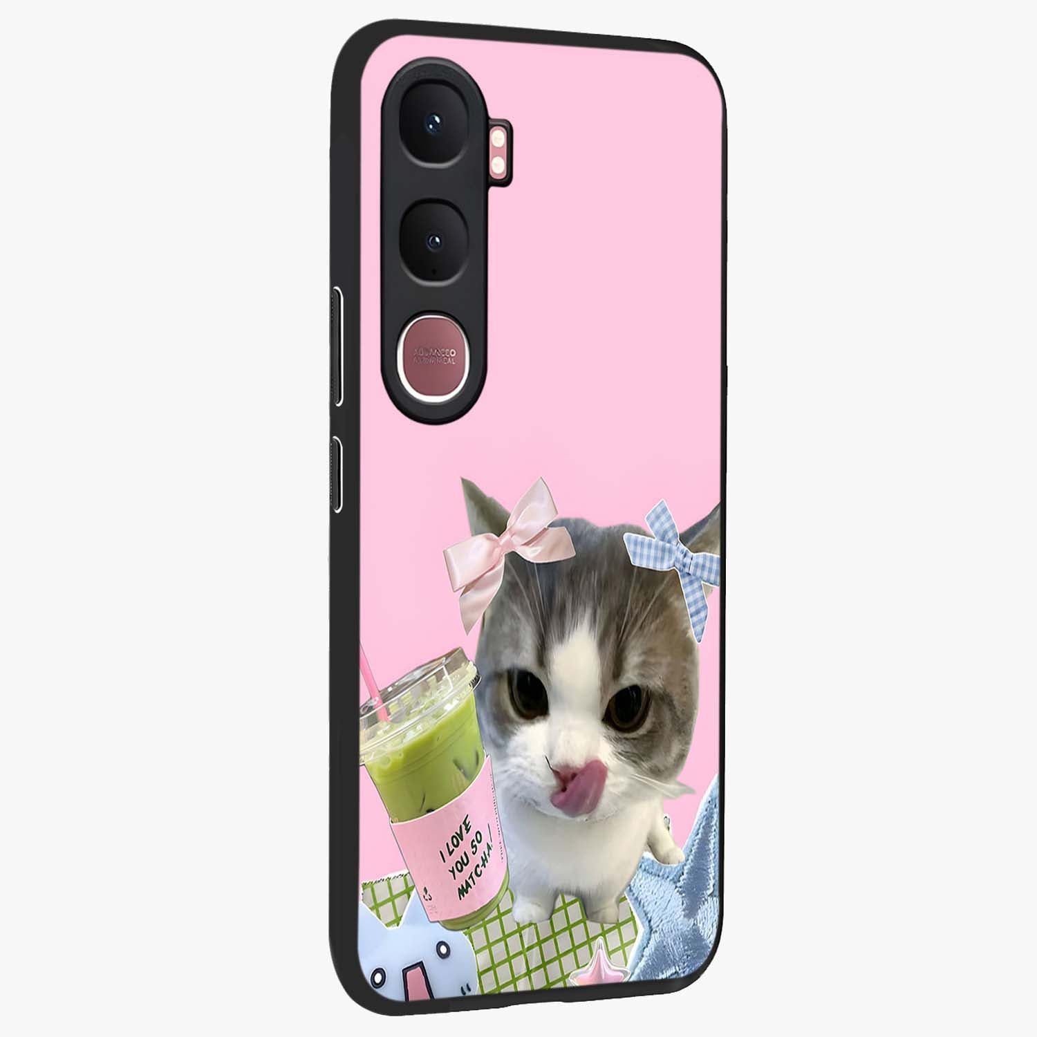 Love Matcha Cat Glass Case upright view showcasing adorable cat artwork with charming matcha themed design.