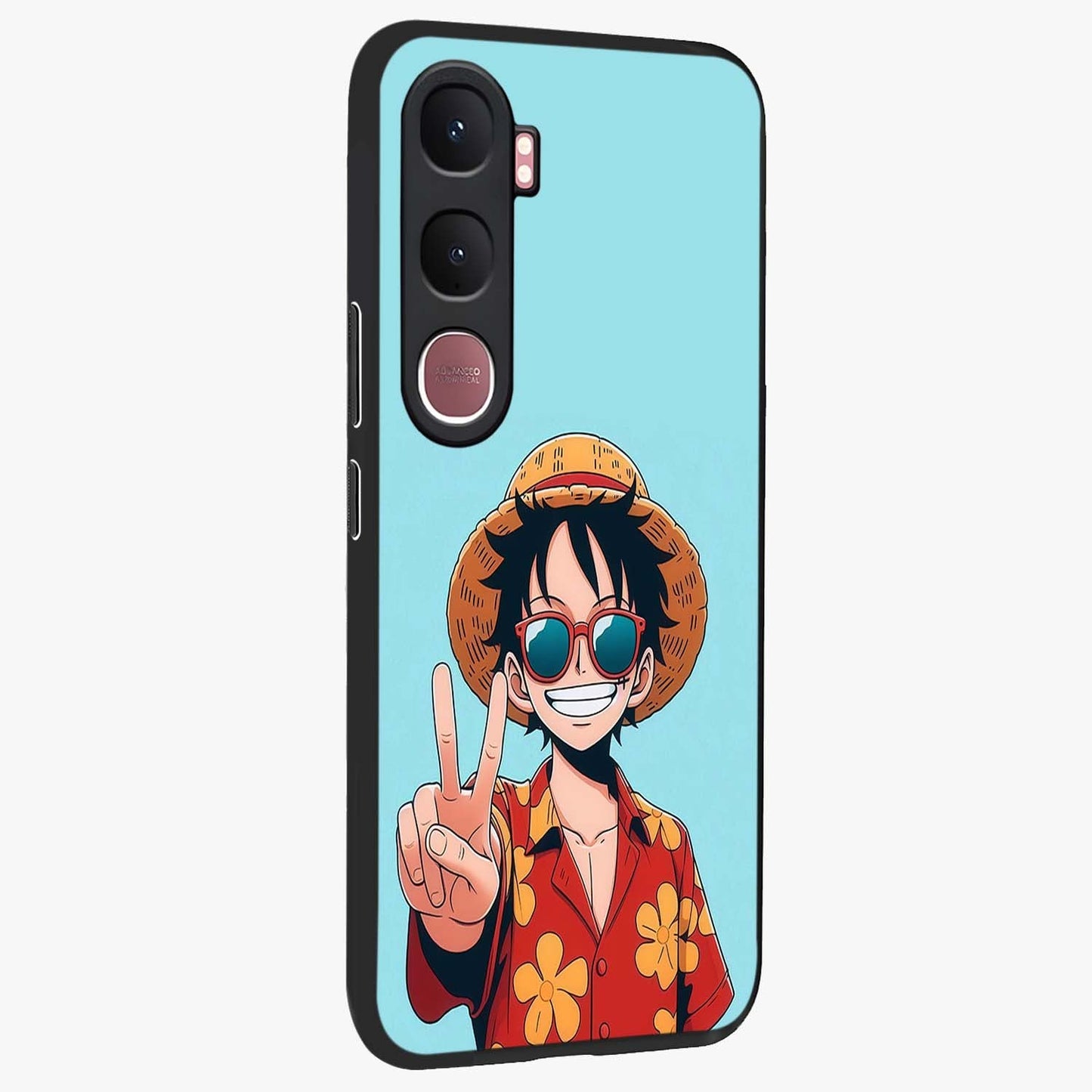 Luffy Summer Anime Vibe Glass Case upright view showcasing dynamic anime artwork with bright adventurous theme.