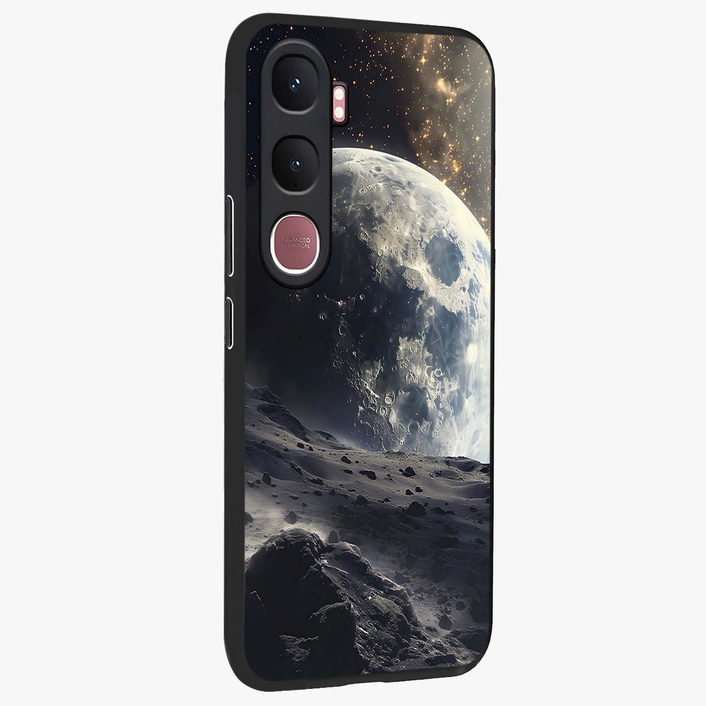 Lunar Horizon Glow Glass Case upright view showcasing radiant lunar artwork with calm cosmic theme.