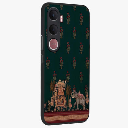 Macmerise Glass Case upright view showcasing bold artistic artwork with contemporary design theme.
