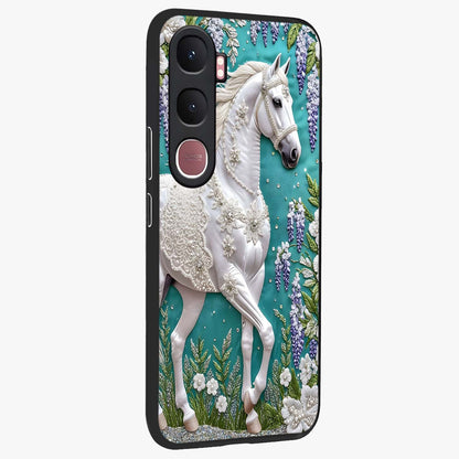 Majestic Floral Stallion Glass Case upright view showcasing dramatic horse artwork with decorative floral theme.