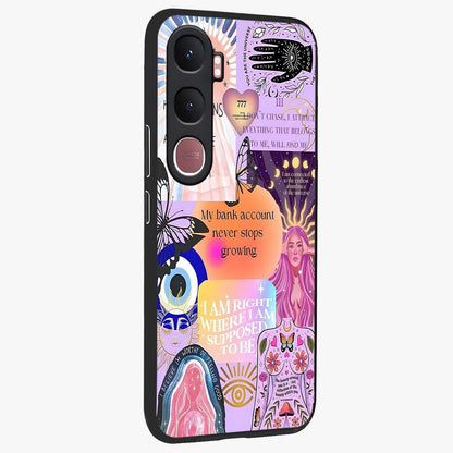 Manifestation Collage Glass Case upright view showcasing artistic manifestation themed artwork with creative style.