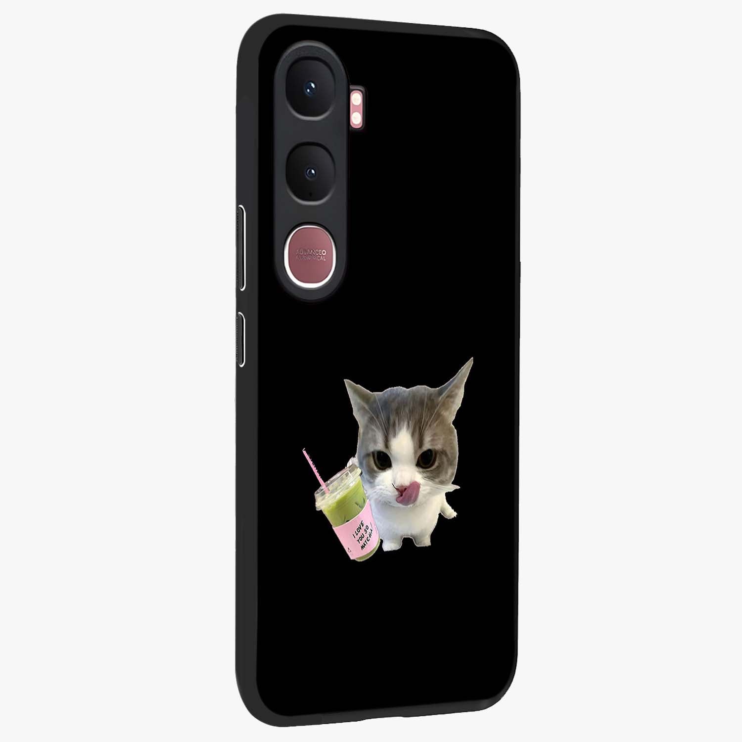 Matcha Cat Style Glass Case upright view showcasing charming cat artwork with cozy aesthetic theme.