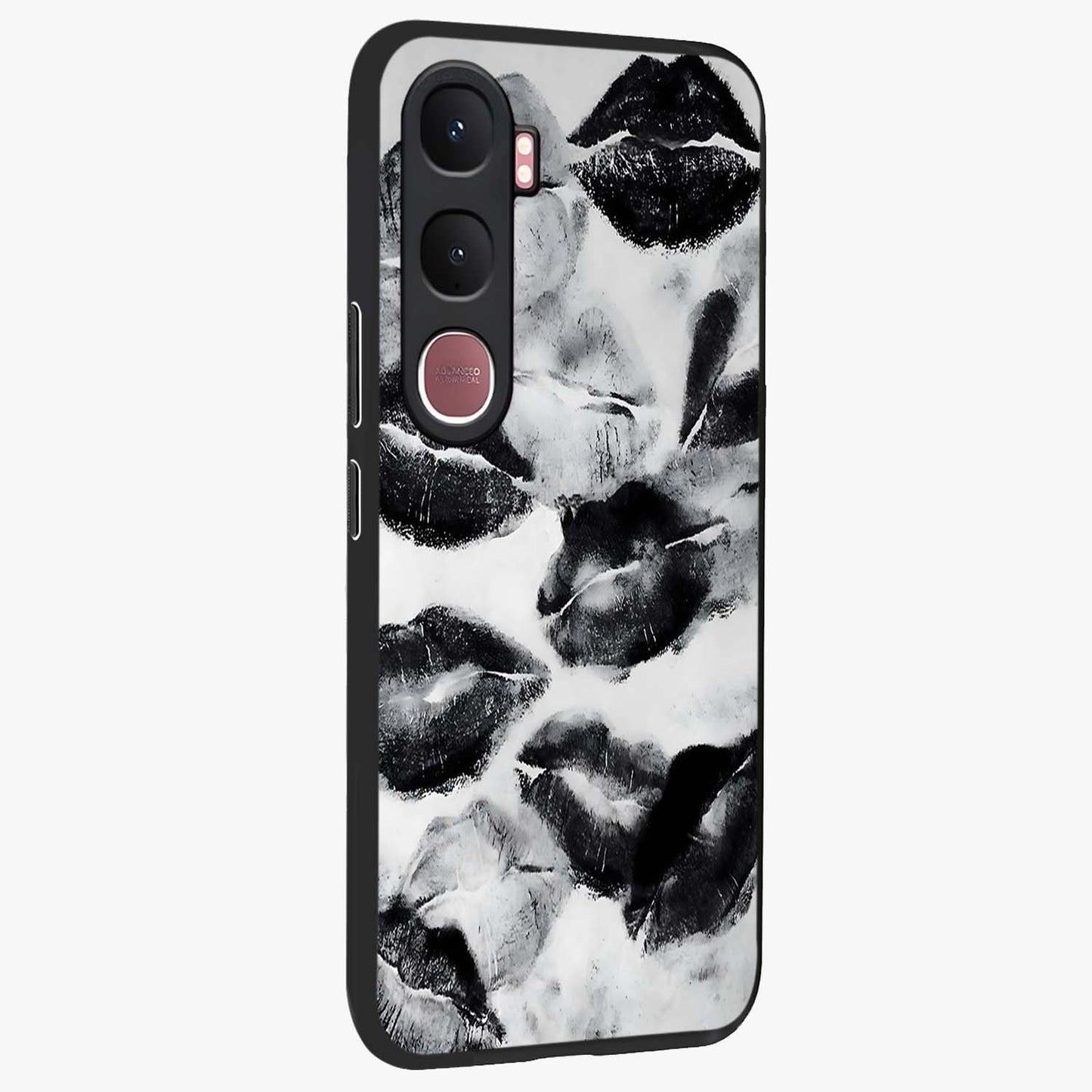 Midnight Kiss Marks Glass Case upright view showcasing stylish kiss mark artwork with trendy romantic theme.
