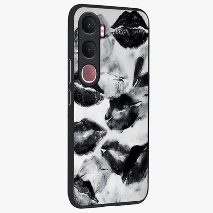 Midnight Kiss Marks Glass Case upright view showcasing stylish kiss mark artwork with trendy romantic theme.
