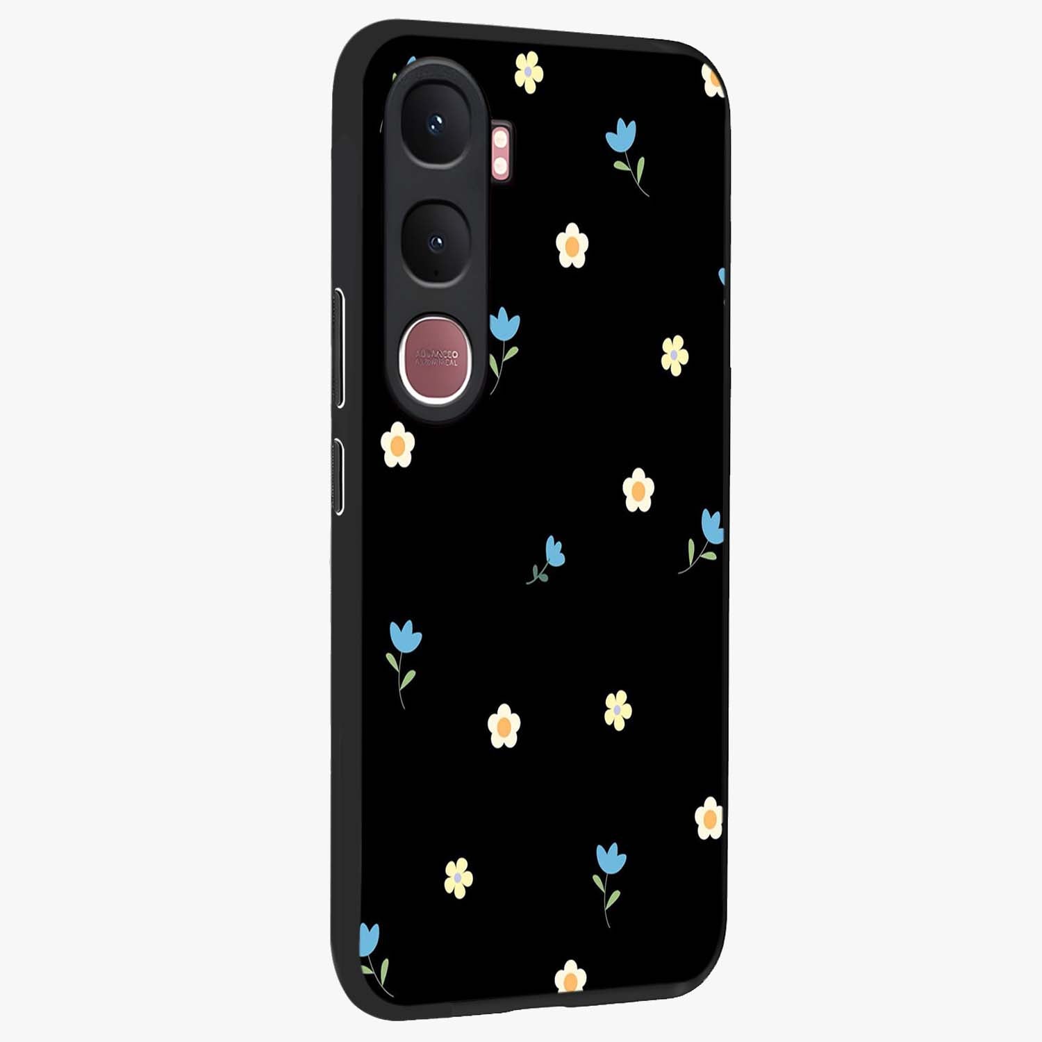 Minimal Petal Whispers Glass Case upright view showcasing elegant floral artwork with modern minimalist style.