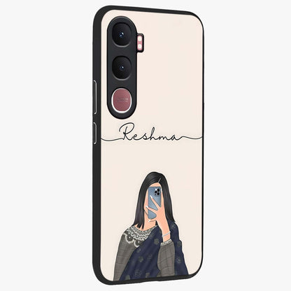 Mirror Mood Muse With Custom Name Glass Case upright view showcasing artistic mirror themed artwork with personalized aesthetic.