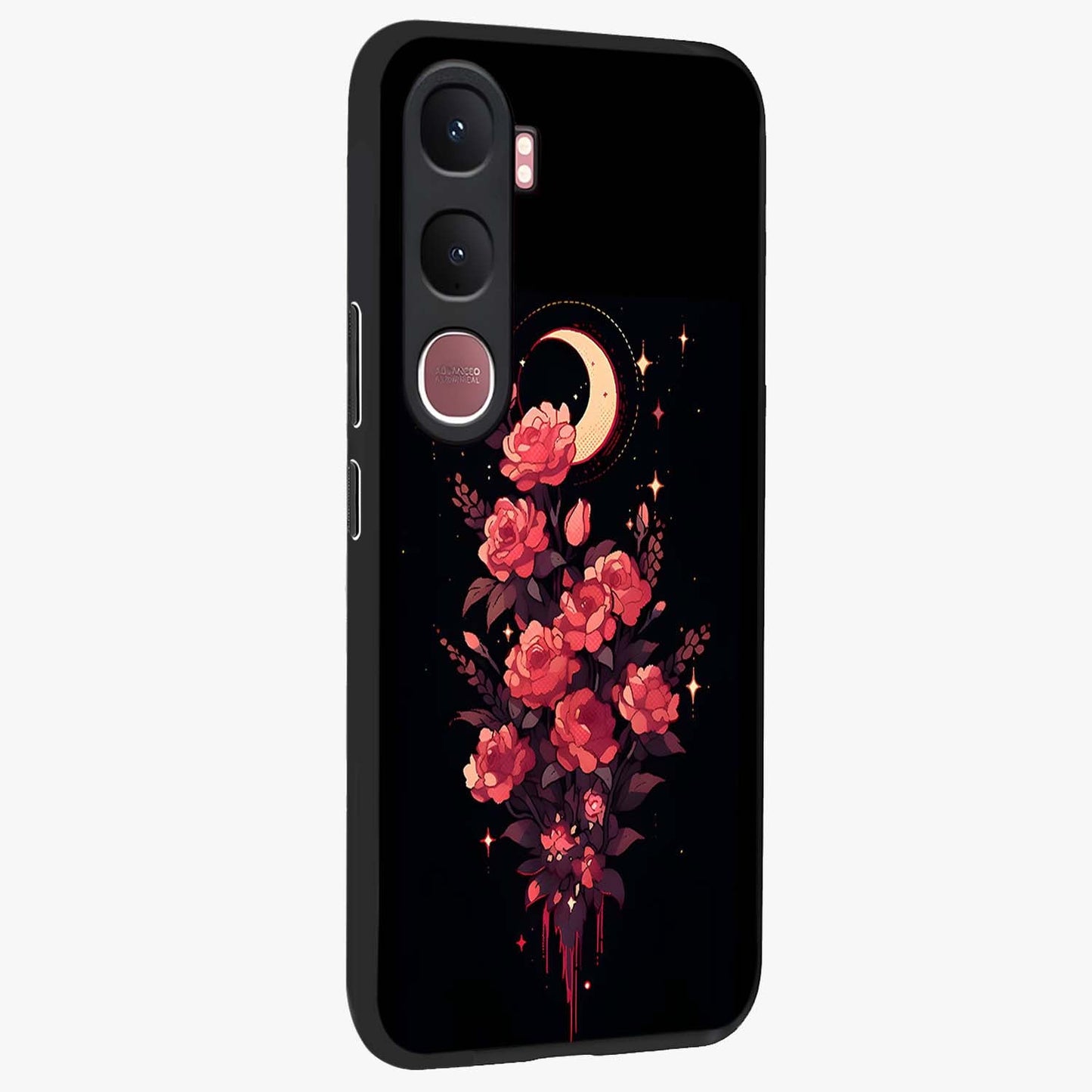 Moonlit Floral Elegance Glass Case upright view showcasing delicate floral artwork with refined night inspired theme.