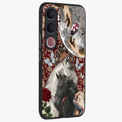 Moonlit Royal Stallion Glass Case upright view showcasing dramatic horse artwork with glowing moon themed design.