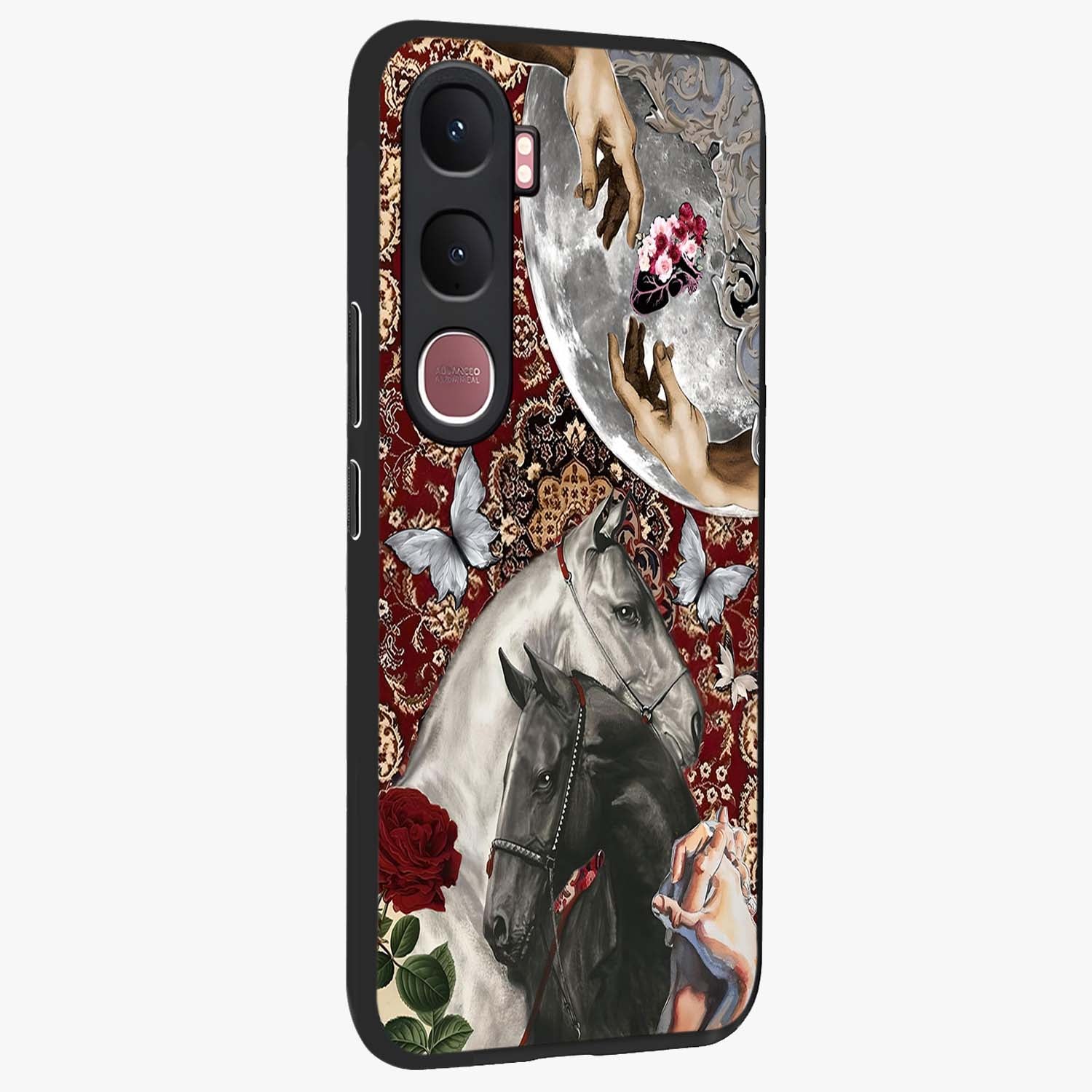 Moonlit Royal Stallion Glass Case upright view showcasing dramatic horse artwork with glowing moon themed design.