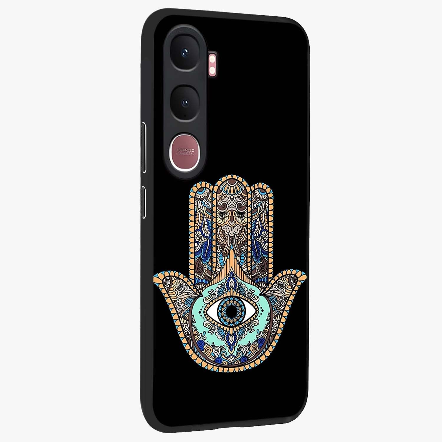 Mystic Hamsa Eye Glass Case upright view showcasing detailed hamsa eye artwork with protective spiritual theme.