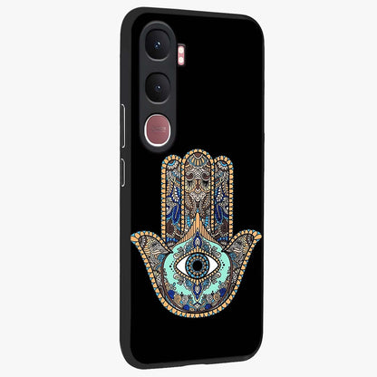Mystic Hamsa Eye Glass Case upright view showcasing detailed hamsa eye artwork with protective spiritual theme.