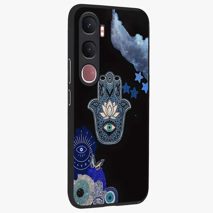 Mystic Hand Aura Glass Case upright view showcasing symbolic hand artwork with mystical energy theme.