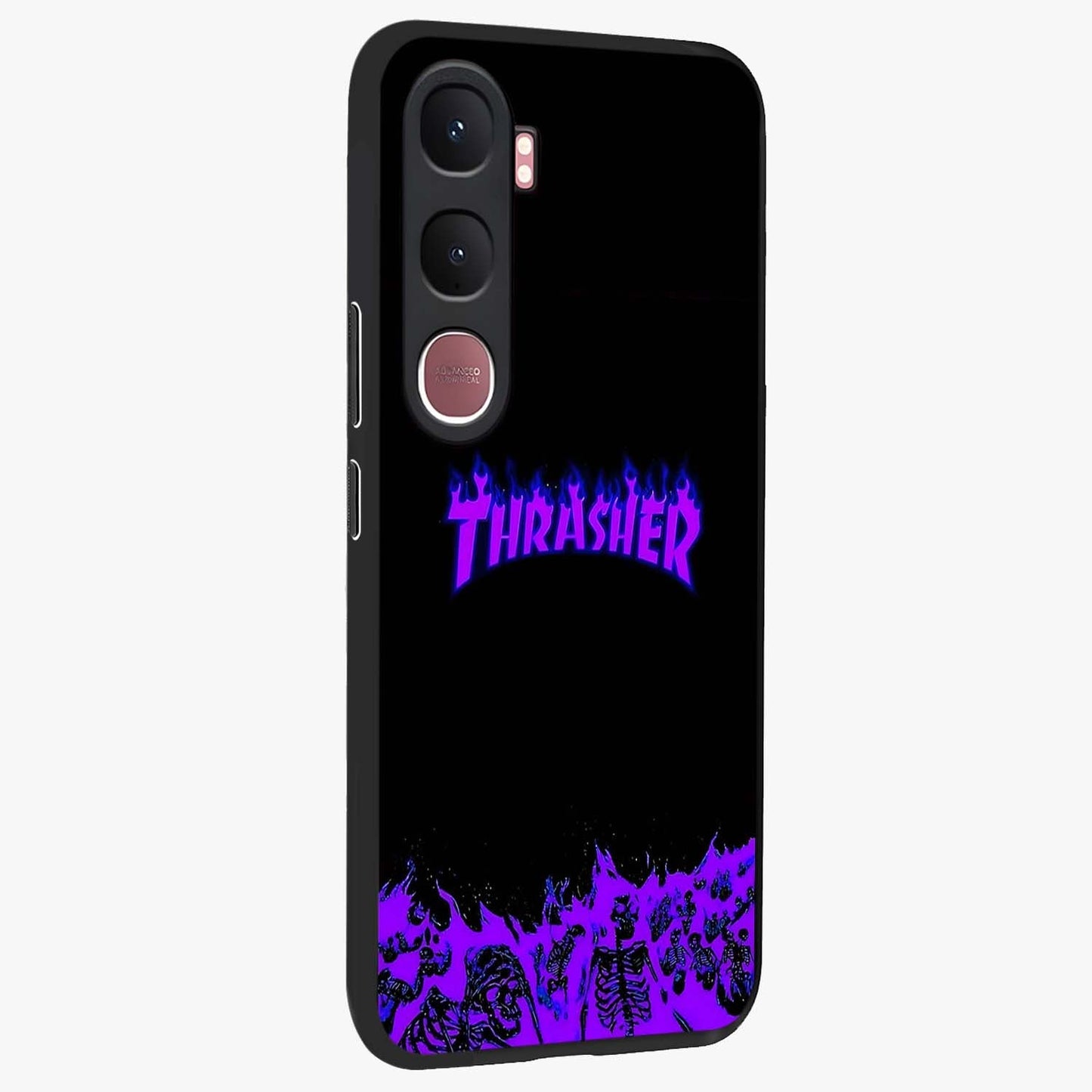 Neon Flame Riot Glass Case upright view showcasing dynamic flame artwork with energetic neon theme.