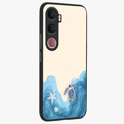 Ocean Drift Turtle Glass Case upright view showcasing calm underwater turtle artwork with nature inspired theme.