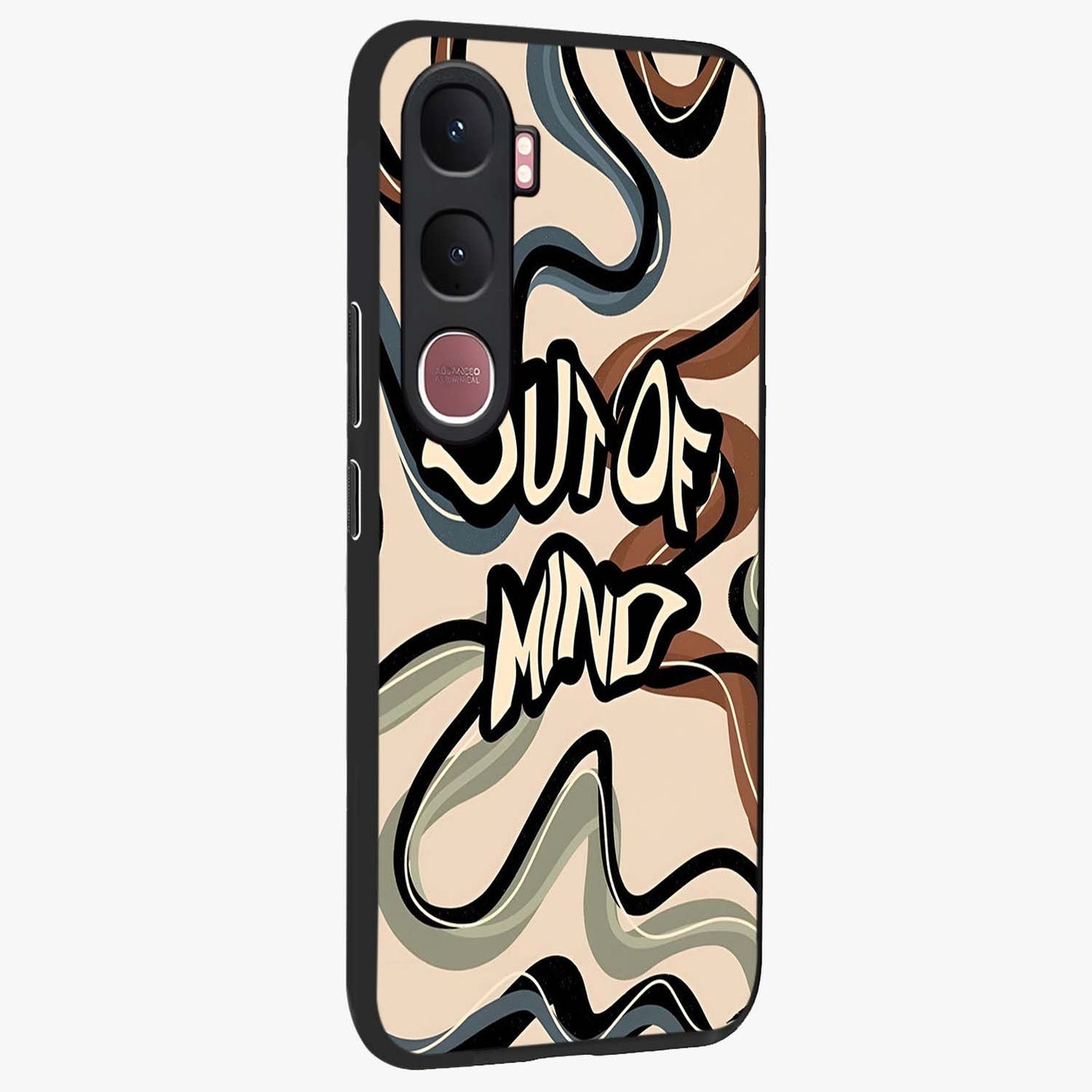 Out Of Mind Glass Case upright view showcasing striking typography artwork with edgy conceptual theme.