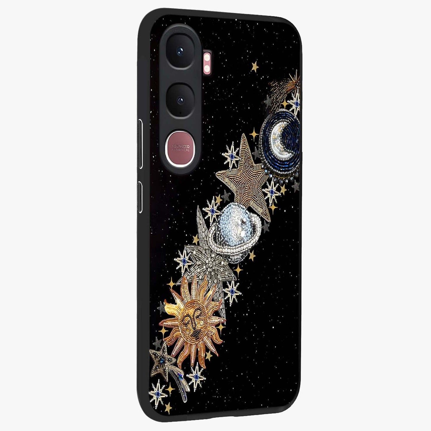 Pearls Universe Object Glass Case upright view showcasing decorative pearl themed artwork with cosmic elegance.