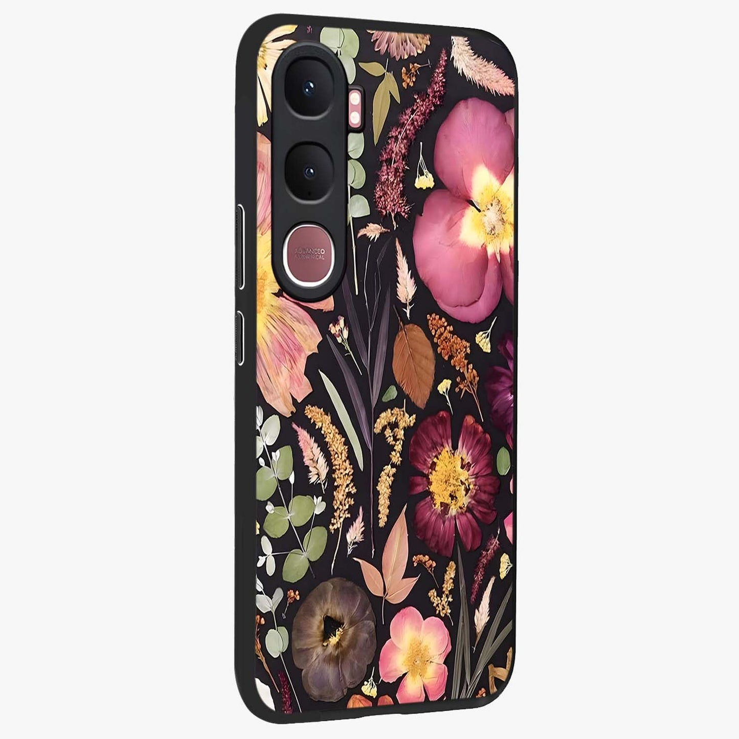 Petal Dream Tapestry Glass Case upright view showcasing detailed floral tapestry artwork with artistic nature theme.