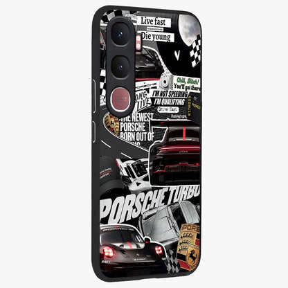 Porsche Racing Collage Glass Case upright view showcasing energetic car collage artwork with high speed racing theme.