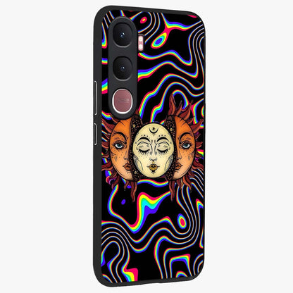 Psychedelic Sun Glass Case upright view showcasing trippy sun artwork with bold psychedelic theme.
