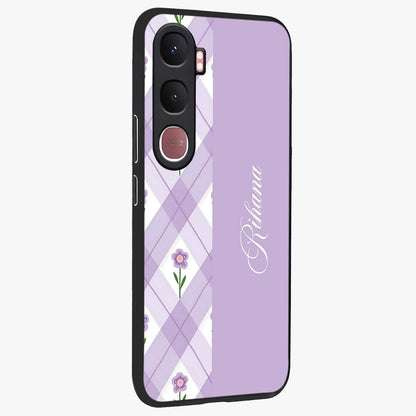 Purple Diamond Floral Glass Case upright view showcasing vibrant floral artwork with stylish geometric theme.