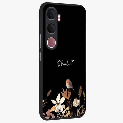 Quiet Garden Tune Custom Name Glass Case upright view showcasing serene botanical artwork with personalized aesthetic.
