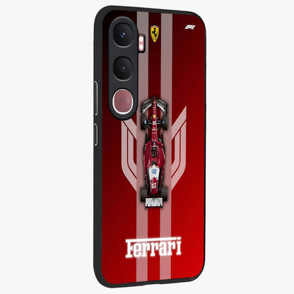 Red Ferrari F1 Vertical Glass Case upright view showcasing powerful Formula car artwork with dynamic motorsport theme.