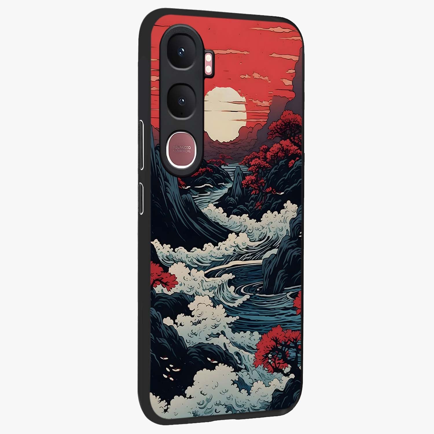 Red Sunset Scenery Glass Case upright view showcasing dramatic sunset scenery artwork with warm nature theme.