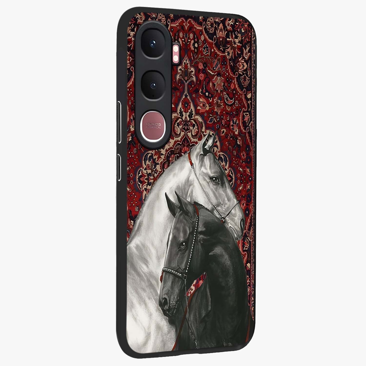 Regal Stallion Tapestry Glass Case upright view showcasing powerful horse artwork with elegant tapestry theme.