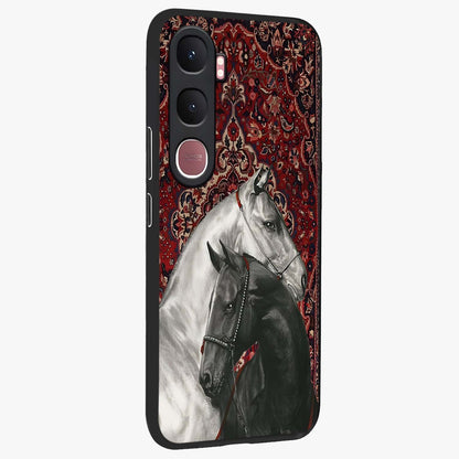 Regal Stallion Tapestry Glass Case upright view showcasing powerful horse artwork with elegant tapestry theme.